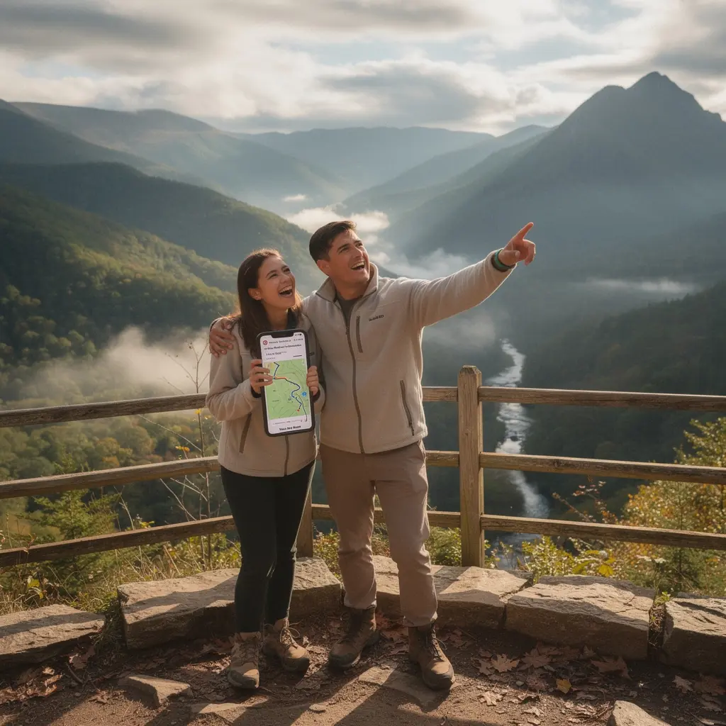 Mapa szlaku turystycznego rozłożona na stole, obok kompas i notatnik.